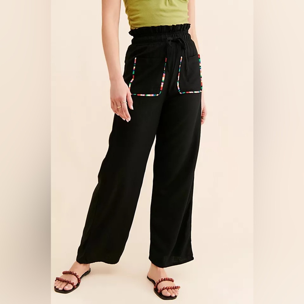 Free People PASTICHE Tina Linen Pants Black with Rainbow Trip Pockets Size S